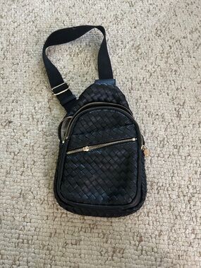 Black Woven Leather Crossbody Sling Bag